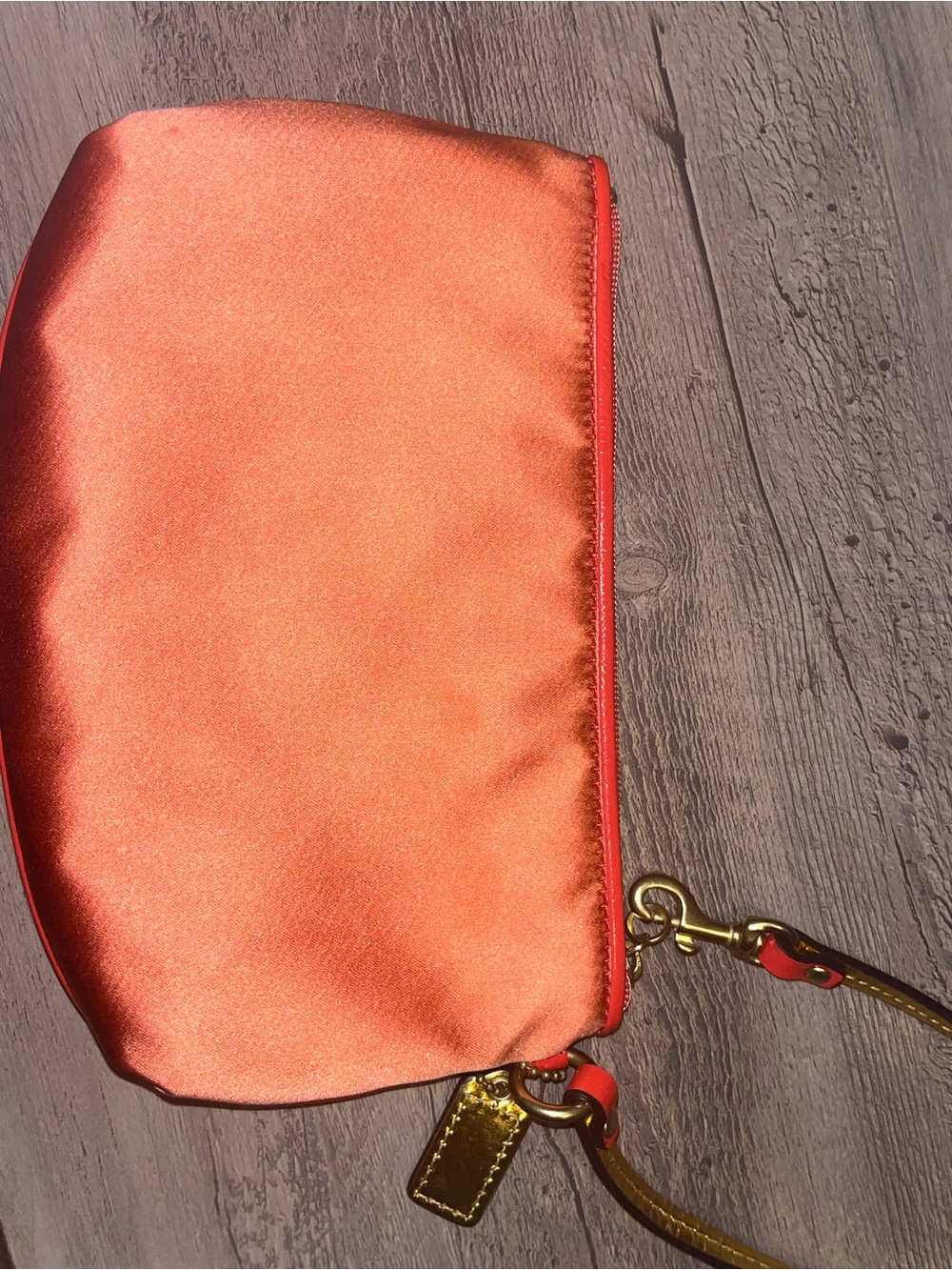 Coach Salmon oversized Satin Wristlet with Leather Trim and Gold Hardware - Picture 3 of 7